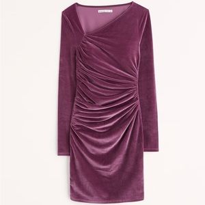 Asymmetrical Neckline Ruched Velvet Mini Dress